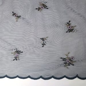 Scalloped Edge Black Mesh with Light Purple Floral Embroidery Fabric.